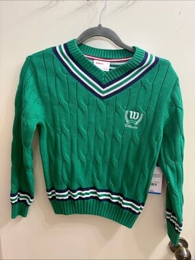Wilson Green V-Neck Cable Knit Sweater with Navy & White Trim tennis